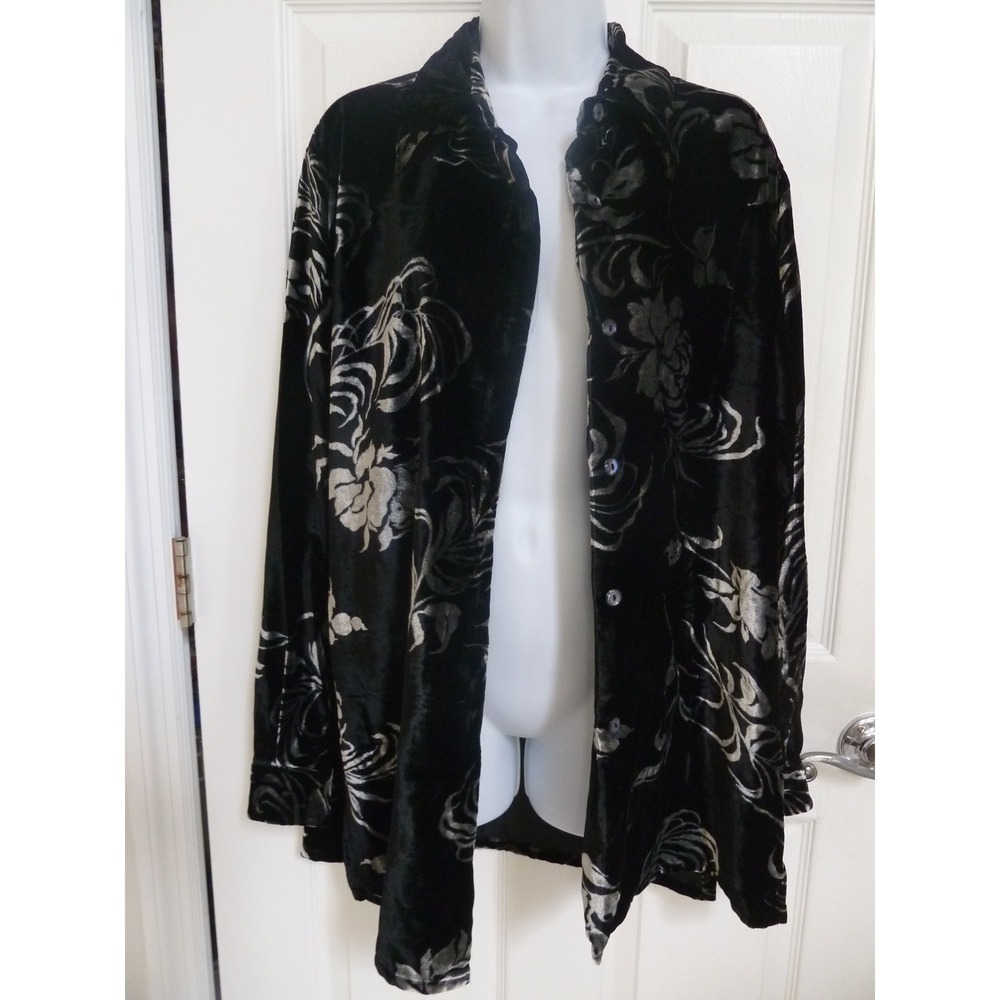 Denim & Co Womens Small Velvet Duster Whimsy Goth Floral Button Up Black Silver